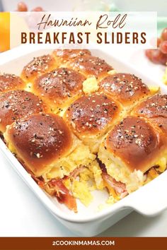 a casserole dish with ham and egg breakfast sliders in it, on a table