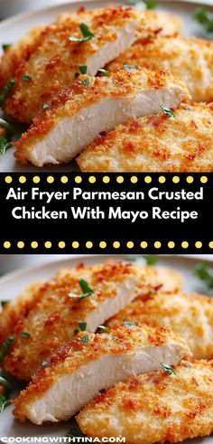 two pictures of chicken with parmesan crusts on the side and in front