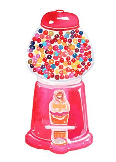 a watercolor drawing of a gummy machine with blue and green balls on it