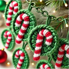 crocheted ornaments hanging from a christmas tree