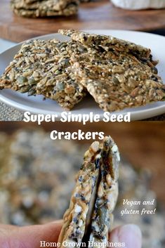 some kind of cracker that is being held up by someone's hand with the words super simple seed crackers on it