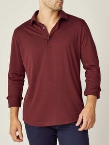 Fall Cotton Polo Shirt With Seamless Collar, Classic Polo Collar Shirt For Fall, Long Sleeve Cotton Polo Shirt For Business Casual, Business Casual Cotton Top With Seamless Collar, Fall Business Casual Polo Collar Tops, Long Sleeve Cotton Polo Sweater With Placket, Cotton Long Sleeve Polo Sweater With Placket, Cotton Long Sleeve Tops With Seamless Collar, Red Polo Collar Top For Fall