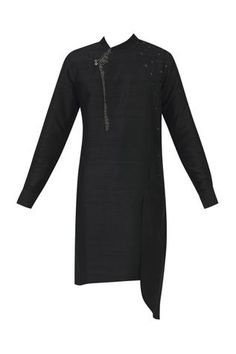 Shop for Dhruv Vaish Black Raw Silk Embellished Kurta Set for Men Online at Aza Fashions Festive Embellished Kurta For Evening Events, Festive Embellished Kurta For Evening, Festive Evening Embellished Kurta, Festive Embellished Evening Kurta, Black Embellished Kurta For Festive Occasions, Festive Evening Kurta With Mirror Work, Formal Black Embellished Kurta, Festive Black Embellished Sherwani, Evening Eid Kurta With Mirror Work