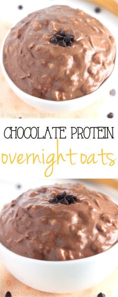 chocolate protein overnight - oats in a white bowl