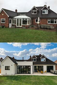 before and after shots of a house in the middle of an open field with grass