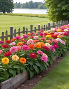 many different colored flowers are growing in the flower bed by the grass and wooden fence