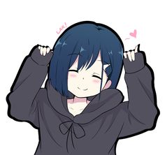 an anime character with blue hair wearing a black hoodie and holding her hands behind her head