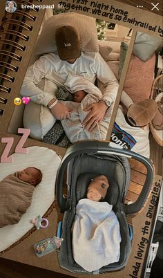 a baby in a car seat next to an adult