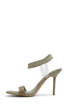 Translucent ankle straps bring modern intrigue to a minimalist sandal framed by a squared-off toe and stiletto heel. 3 1/2" heel Adjustable ankle strap with hook-and-loop closure Cushioned footbed Synthetic and textile upper and lining/synthetic sole Imported Modern Heels With Single Ankle Strap, Modern Single Strap Ankle Heels, Formal Sandals With Clear Ankle Strap, Evening Heels With Ankle And Clear Straps, Green Fits, Strap Sandals Women, Ankle Straps, Ankle Strap Sandals, Stiletto Heel