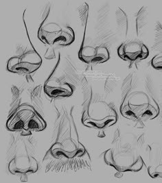 a bunch of different facial expressions drawn in pencil