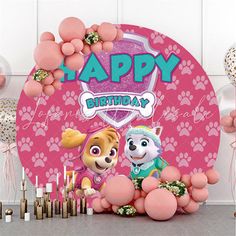 a happy birthday banner with two dogs and balloons in the shape of paw patrol characters