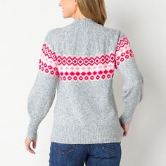 This St. John's Bay women's sweater is a stylish upgrade for your holiday and winter collection. Made from a warm knit, it has cable-knit detail and a colorful fairisle pattern, plus a high mock neck and ribbed trims for a cozy finish. Wear it with jeans and boots.Closure Type: Pullover HeadFit: Classic FitNeckline: Crew NeckSleeve Length: Long SleeveSleeve Style: Fitted SleeveApparel Length: 25 InchesFiber Content: 65% Acrylic, 35% PolyesterFabric Description: KnitCare: Machine Wash, Tumble Dr… Winter Cable Knit Cozy Top, Cozy Fit Cable Knit Tops For Winter, Gray Nordic Sweater For Fall, Fair Isle Pattern Long Sleeve Tops For Cold Weather, Fair Isle Long Sleeve Tops For Cold Weather, Cozy Fall Holiday Sweater, Nordic Knit Tops For Fall, Fall Nordic Knit Tops, Holiday Sweater With Fair Isle Pattern