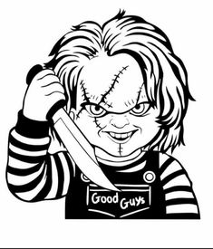 a black and white drawing of a clown holding a knife in his hand with the words good guys on it