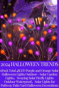 a purple background with orange and pink lights in the grass next to a halloween house