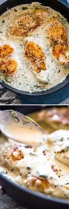 two pictures of some food being cooked in a skillet