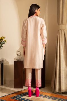 Buy Pink Kurta Pure Silk Chanderi Embroidered Floral Gul-meh Straight With Pant For Women by House of Inari Online at Aza Fashions. Straight Kurta With Embroidered Border For Spring, Spring Straight Kurta With Embroidered Border, Spring Embroidered Straight Kurta, Designer Wear Spring Kurta With Straight Pants, Designer Spring Kurta With Straight Pants, Traditional Spring Kurta With Embroidered Hem, Spring Kurta With Embroidered Cuffs And Long Sleeves, Spring Long Sleeve Kurta With Embroidered Cuffs, Festive Long Sleeve Sets With Embroidered Hem