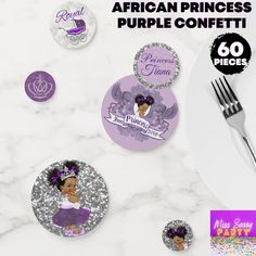 the purple princess is surrounded by silver confetti and other party supplies on a marble table