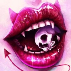 a skull in the mouth with red lipstick and fangs on it's lips is shown