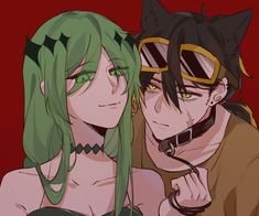 two anime characters with green hair and black cats on their heads, one is staring at the camera