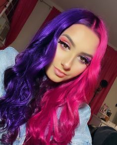 Two Different Hair Colors On Each Side, Pink And Purple Hair, Two Color Hair, Pink Purple Hair, Fox Hair, Creative Hair Color