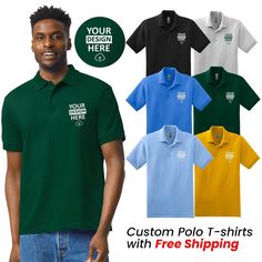 This personalized men's shirt is a must-have for anyone looking for a unique gift or a way to promote their brand. Made in the United States with a 50/50 cotton and poly material, this shirt features a solid pattern, short sleeves, and a round neck. The garment care is hand wash only. With accents that include your very own logo and custom text, this Gildan regular fit shirt comes in sizes S through 3XL. Perfect for any occasion, this shirt is sure to stand out with its funny, custom, and printed design. Get your very own personalized men's shirt today! Note: These are printed Polo not embroidered and we are using Gildan brand Product Description > DTF Printed > 6-ounce, 50/50 cotton/poly > DryBlend moisture-wicking properties > Tear-away label > Contoured welt knit collar and cuffs > 3-bu Black Cotton Polo Shirt With Custom Print, Green Cotton Shirt For Father's Day, Green Short Sleeve Shirt For Father's Day, Customizable Green Cotton Shirt, Father's Day Green Short Sleeve Shirt, Business Casual Polo, Text Gift, Polo Shirt Design, Print Design Pattern