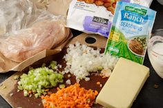 the ingredients for this meal are laid out on a cutting board