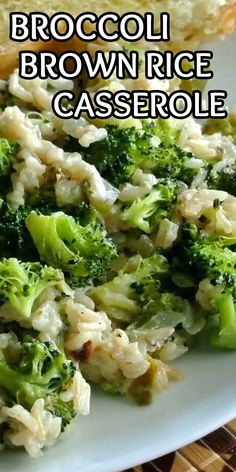 broccoli brown rice casserole on a white plate with text overlay