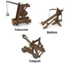 three different types of wooden toys with names in english and spanish, including a trebuchet, ballista, catapult, and crane