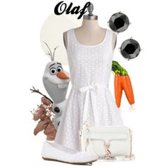 a woman in white dress with carrots and other items on her feet next to a handbag