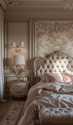 a large bed sitting in a bedroom next to a lamp on a dresser and table