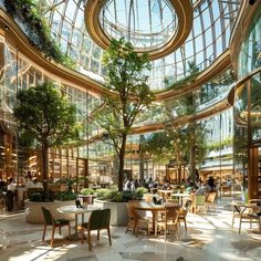 the inside of a large building with many tables and chairs in front of it, surrounded by trees