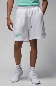 A scripted logo inspired by MJ's baseball career scores points on one leg of sweat shorts made with soft cotton in a relaxed, comfortable fit. 6 1/2" inseam; 23" leg opening; 13 1/2" front rise; 17 1/2" back rise (size Medium) Elastic/drawstring waist Front slant pockets; back patch pocket 80% cotton, 20% polyester Machine wash, tumble dry Imported Casual White Shorts For Leisure, Casual Sports Shorts With Letter Print, White Letter Print Bottoms For Sports Season, Casual Athletic Shorts For Sports Events, Cotton Moisture-wicking Athletic Shorts For Leisure, Leisure Cotton Athletic Shorts With Moisture-wicking, Cotton Leisure Shorts With Letter Print, Collegiate Cotton Athletic Shorts For Sports, Collegiate Cotton Bottoms For Streetwear