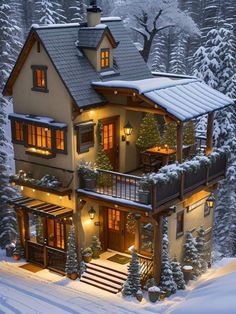 a large house in the middle of a snowy forest with lights on it's windows