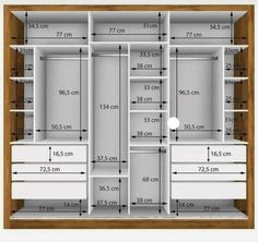 an image of a closet with measurements for the drawers and shelves in it, as well as