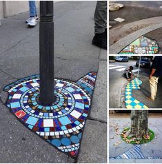 there are pictures of the street with different designs on it