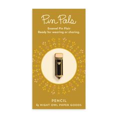 the pen pals enamel pin is shown in yellow and white with an orange background