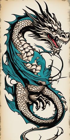 a drawing of a dragon with blue and black colors on it's body, sitting in