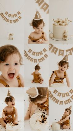 a collage of baby photos with cake and bunting