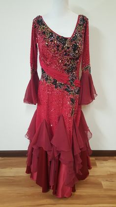 Merlot by Dore Designs Fitted Sequin Dance Dress, Fitted Sequin Dress For Dance, Red Sequined Fitted Gown, Fitted Red Sequin Gown, Fitted Red Gown With Sequins, Elegant Sequin Ballroom Dresses, Fitted Red Rhinestone Dress, Red Fitted Dress With Rhinestones, Fitted Red Dress With Rhinestones