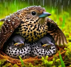 two baby birds sitting in the middle of a nest with rain falling down on them