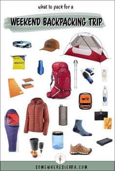 the back pack for a backpacking trip is shown in this image with text that reads what to pack for a weekend packing trip