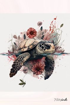 a painting of a turtle with flowers on its back