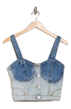 Defined cups add allure to this bustier top cut from denim with dual washes. Front button closure Sweetheart neck Sleeveless 91% cotton, 5% viscose, 4% polyester Machine wash, tumble dry Imported Sleeveless Cotton Crop Top With Button Closure, Cropped Cotton Denim Top With Buttons, Summer Cropped Denim Top With Button Closure, Denim Blue Summer Corset, Dark Wash Denim Corset For Summer, Summer Dark Wash Denim Corset, Casual Cropped Cotton Corset, Medium Wash Cropped Tank Top For Summer, Fitted Denim Tops With Adjustable Straps