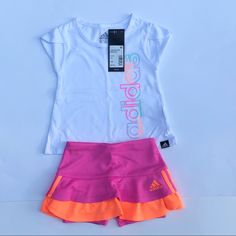 Adorable Baby Girls Adidas Skorts Set , Size 12mo White Ruffled Playtime Sets, Cute White Short Sets, Playful White Fitted Shorts, Playful Fitted White Shorts, White Ruffled Bottoms For Playwear, White Shorts For Playwear In Spring, White Shorts For Spring Playwear, Pink Adidas Cotton Set, Adidas Pink Cotton Sets