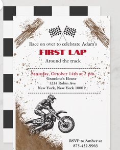 a dirt bike birthday party card with the words, first lap around the track on it