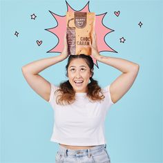 a woman holding a bag on her head with the words choco cake above her head