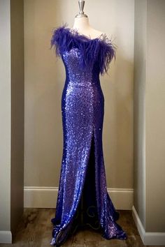 Purple Sequin Feather One-Shoulder Long Formal Dress with Slit Detachable Wedding Dress, Feather Prom Dress, Teal Cocktail Dress, Fancy Short Dresses, Long Party Dress, Purple Prom, Long Formal Gowns, Long Formal Dress, Purple Prom Dress