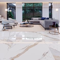 a living room with marble flooring and furniture