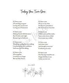 the poem today you turn one is written in black and white with flowers on it