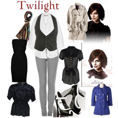 the twilight movie costume is shown in black, white and grey colors with accessories including an open - front jacket